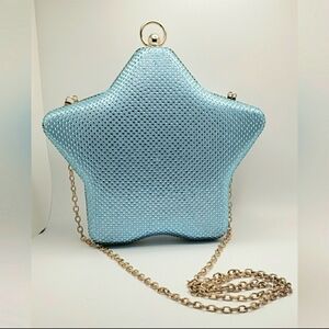 NEW Pastel Blue Rhinestone Star Shape Hard Shell Purse Shoulder Bag Gold BG5